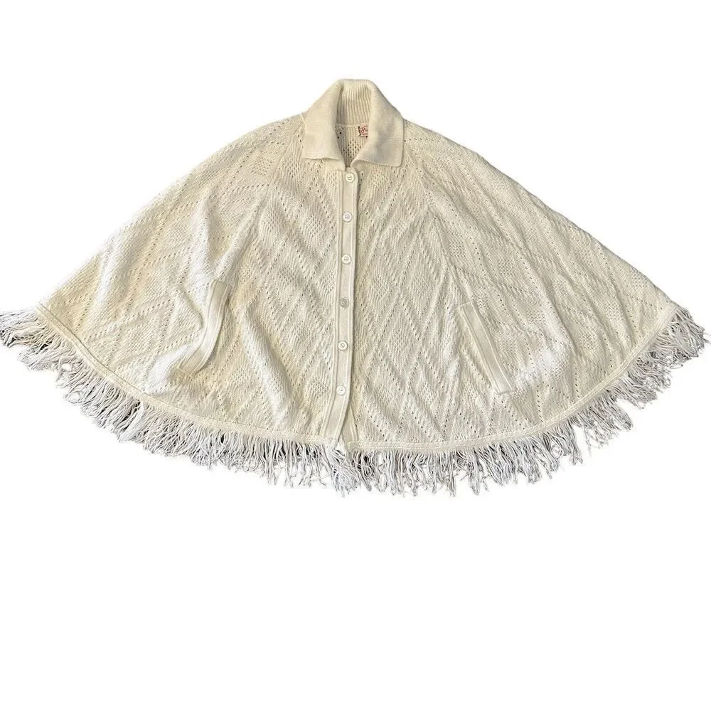 Bradley Vintage Cape Sweater Cream Knit Fringe Womens Bohemian Festival Collared